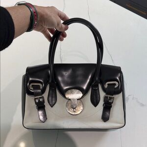 Ralph Lauren VINTAGE Black and White Leather Satchel Handbag PURPLE LABEL